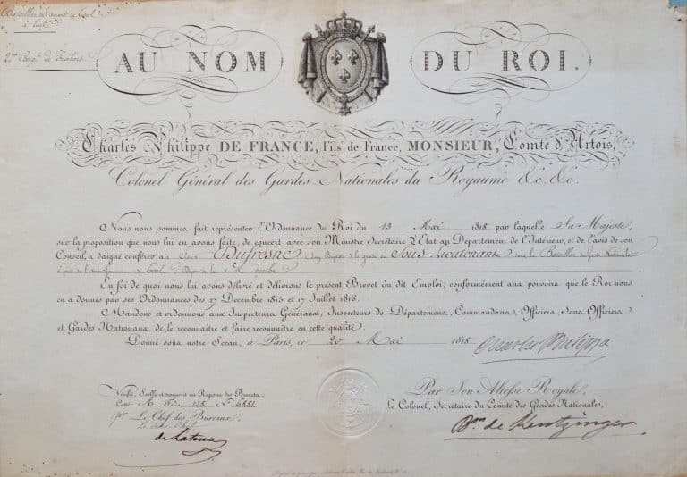 Brevet signé par le futur roi Charles X.