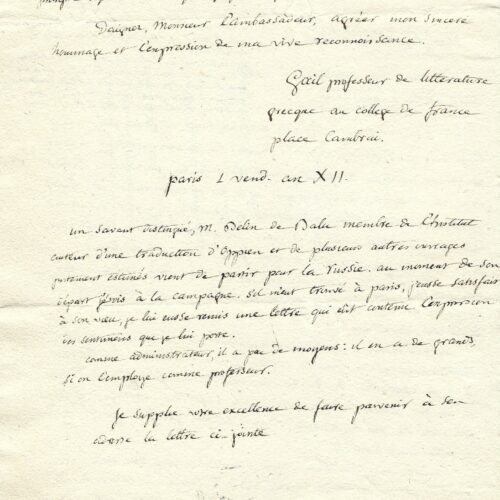L'helléniste Jean-Baptiste Gail s'adresse à l'Ambassadeur de France à Saint-Pétersbourg.