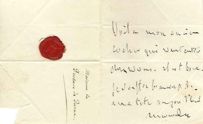 Chateaubriand fait part de ses souffrances à la duchesse de Duras.