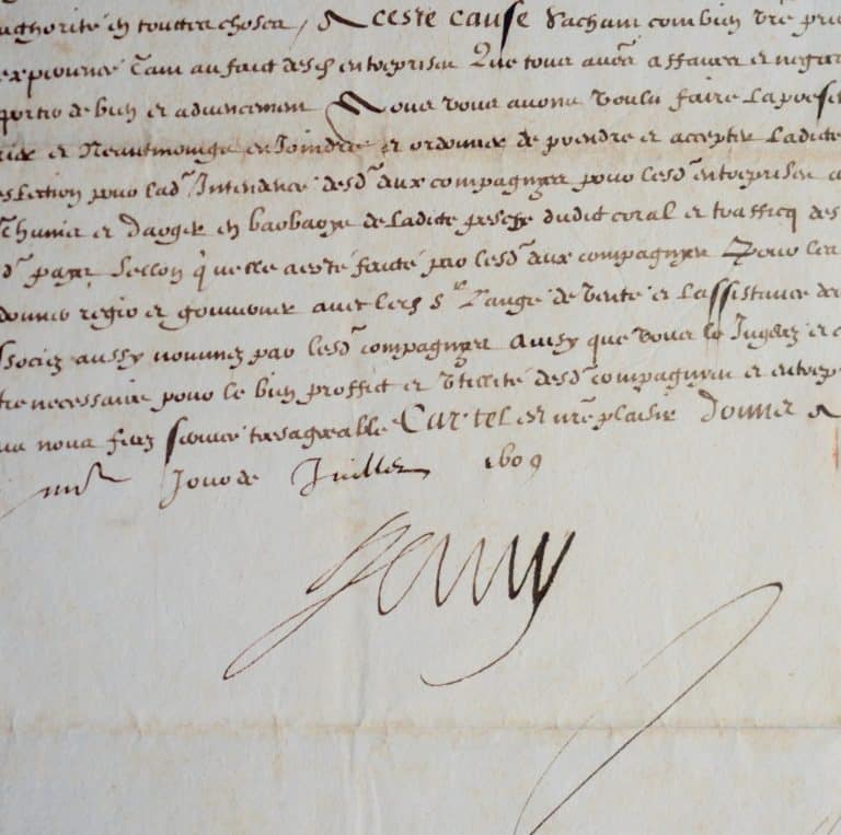 Rare lettre d&rsquo;Henri IV sur la pêche du corail dans les royaumes de Tunis et d&rsquo;Alger.