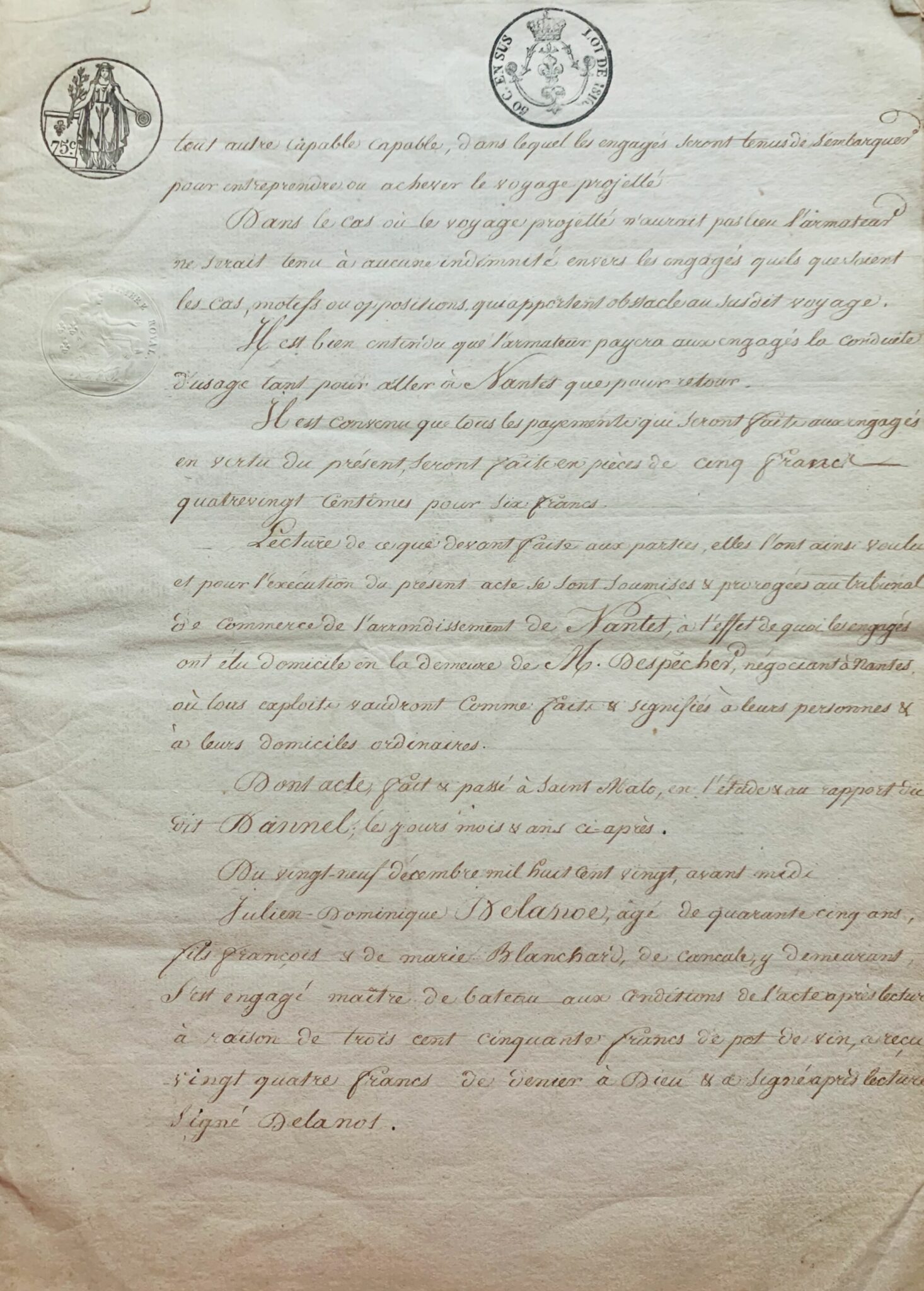 Acte d'engagement de l'équipage d'un navire breton en 1820 – vue 2 Acte d'engagement de l'équipage d'un navire breton en 1820 – vue 2