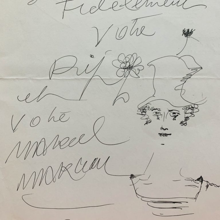 Jolie lettre illustrée d&rsquo;un autoportrait du Mime Marceau