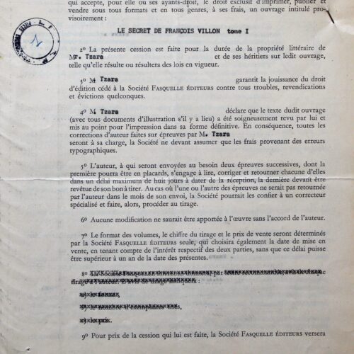 Contrat d'édition signé par Tristan Tzara pour Le Secret de François Villon. – vue 2