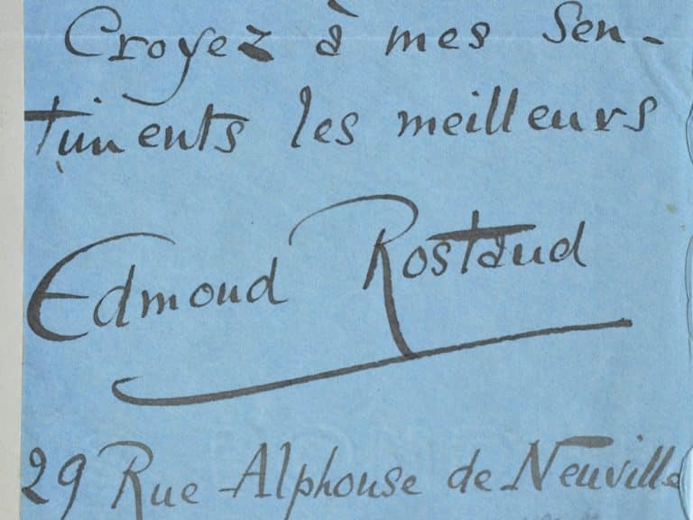 Jolie lettre d&rsquo;Edmond Rostand sur papier à son chiffre doré.