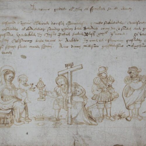 Rare profession de voeux monastiques de 1586 illustrée d'un superbe dessin à la plume.