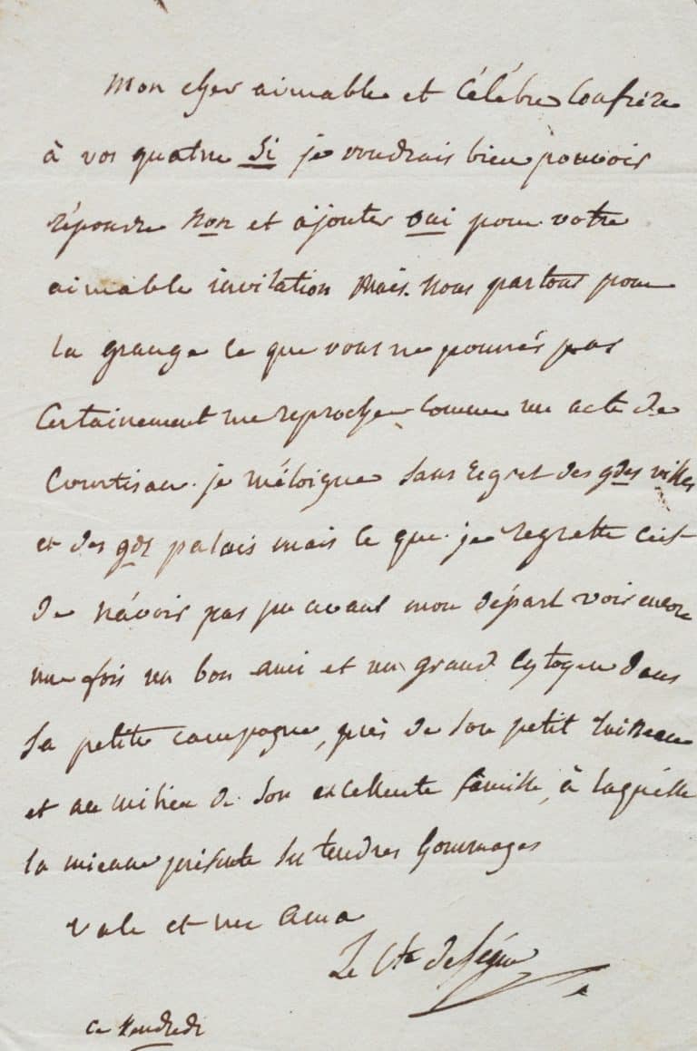 Belle lettre amicale du comte de Ségur à Boissy d&rsquo;Anglas.