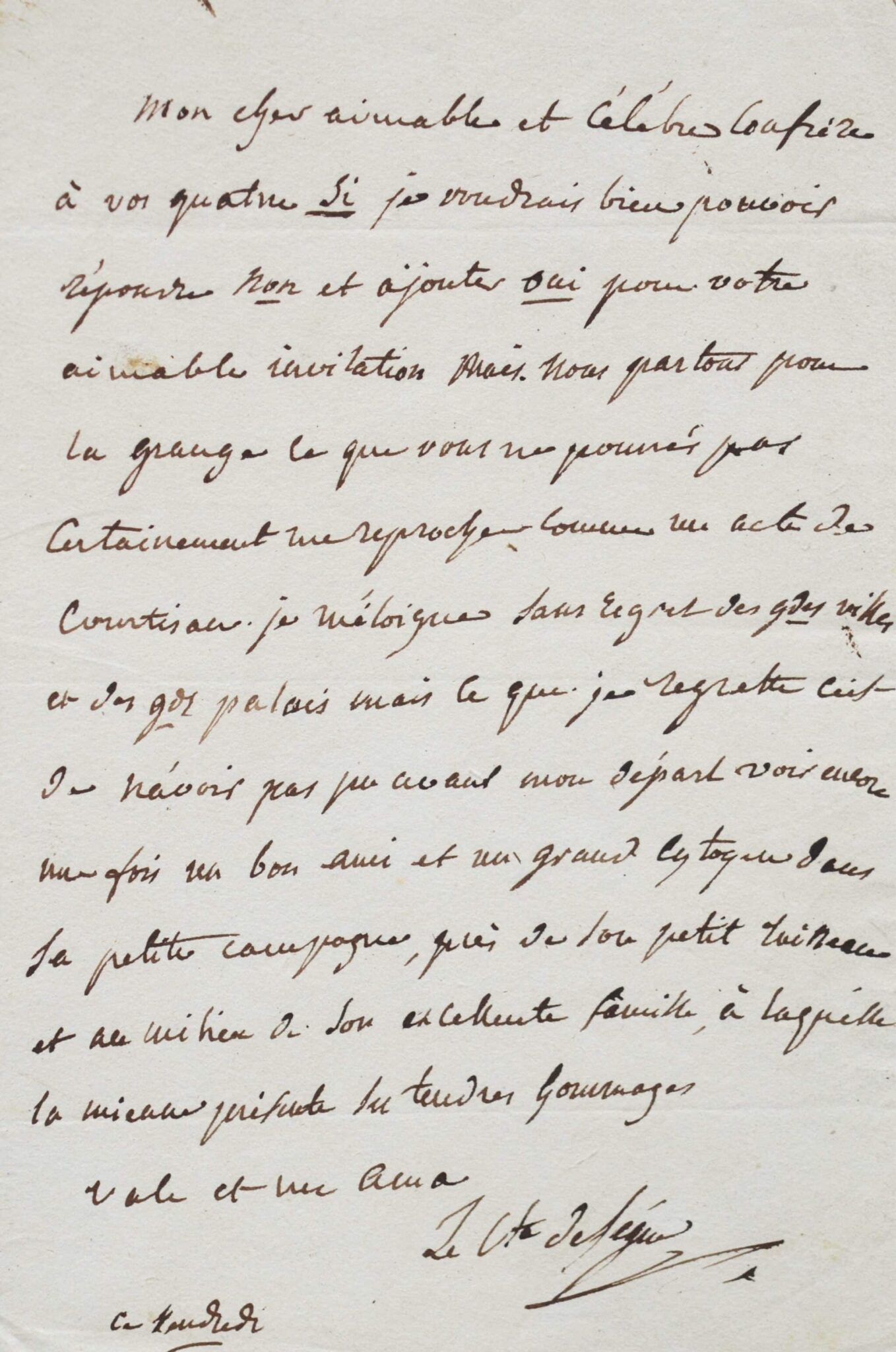 Belle lettre amicale du comte de Ségur à Boissy d’Anglas. Belle lettre amicale du comte de Ségur à Boissy d'Anglas.