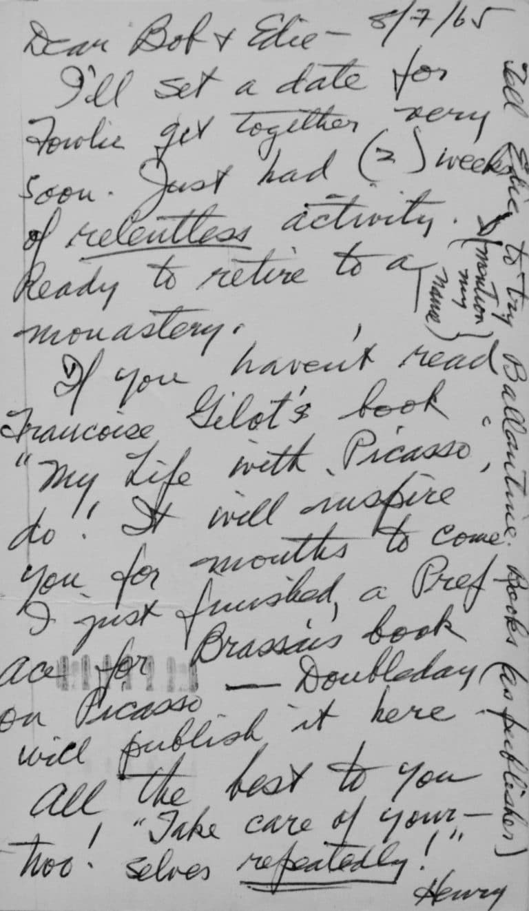 Henry Miller débute la rédaction d&rsquo;une préface à l&rsquo;ouvrage de Brassai sur Picasso.