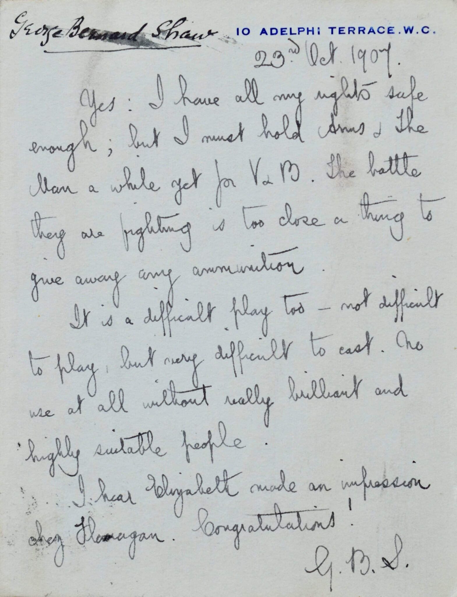 George-Bernard Shaw reconnait la difficulté de jouer Arms & the Man.