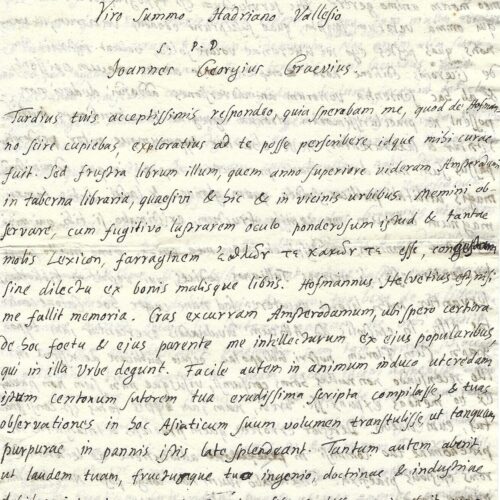 Belle et rare lettre de Graevius relative à son travail sur Cicéron.