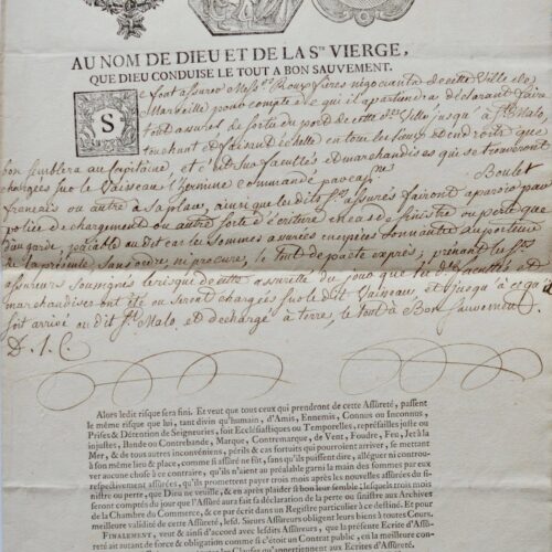 Spectaculaire contrat d'assurance maritime du XVIIIe siècle – vue 2