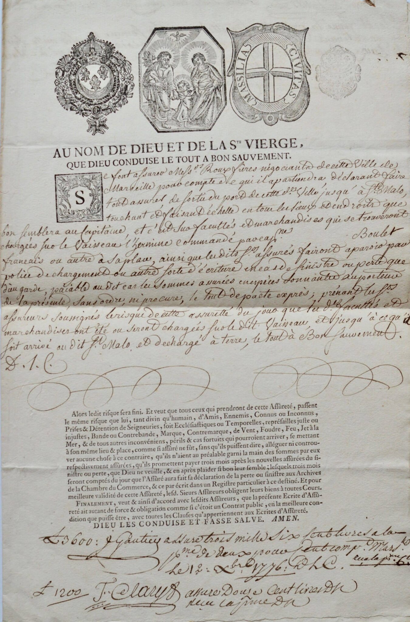 Spectaculaire contrat d'assurance maritime du XVIIIe siècle – vue 2 Spectaculaire contrat d'assurance maritime du XVIIIe siècle – vue 2