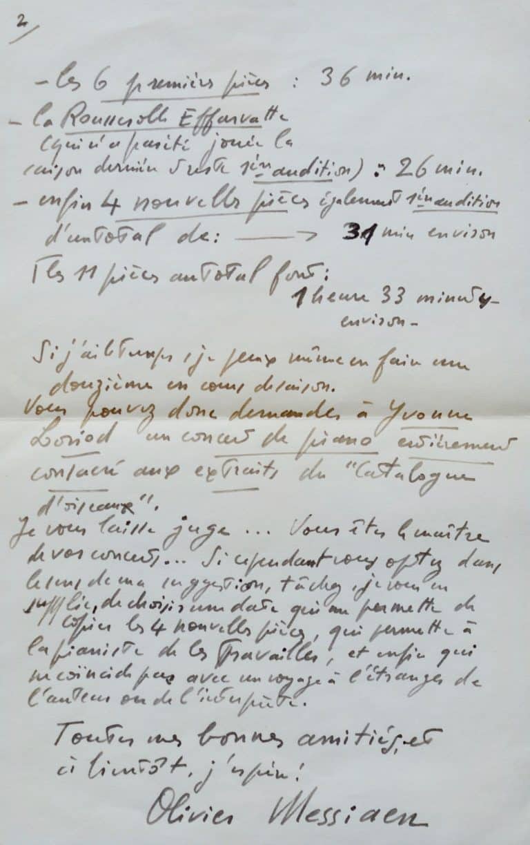 Belle lettre de Messiaen à Pierre Boulez sur l&rsquo;écriture du Catalogue d&rsquo;Oiseaux
