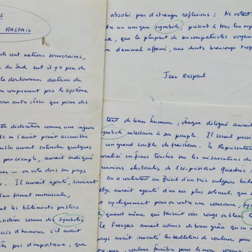 Manuscrit de Jean Raspail sur l'Apartheid et les symboles. – vue 2