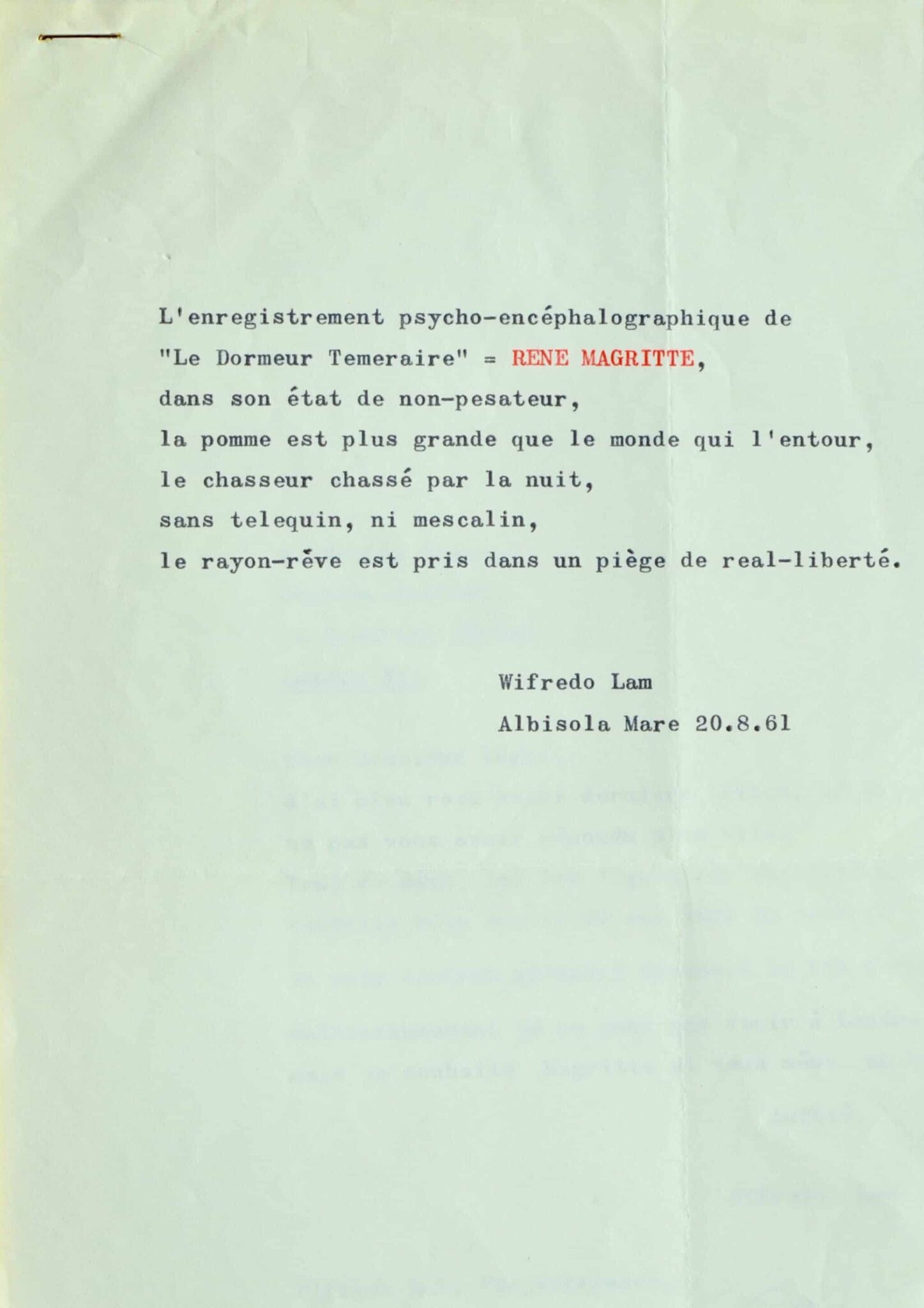 Rare texte surréaliste de Wifredo Lam, au sujet de Magritte – vue 3 Rare texte surréaliste de Wifredo Lam, au sujet de Magritte – vue 3