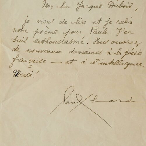 Félicitations dithyrambiques d'Éluard au poète Jacques Dubois – vue 2