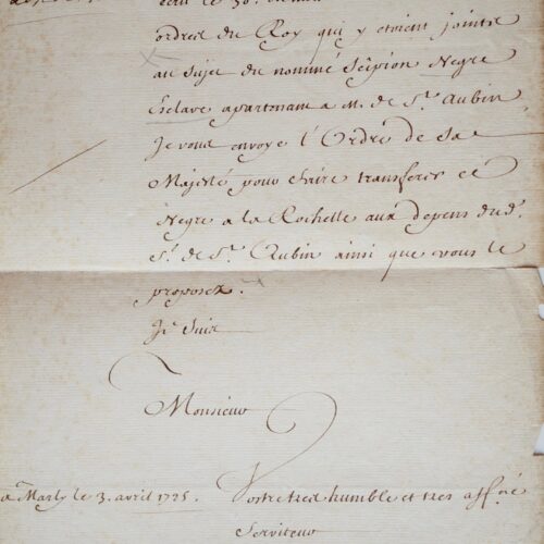 Maurepas envoie un esclave de M. de St Aubin, à La Rochelle – vue 2