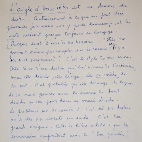 Manuscrit d'un article de Cocteau sur L'Aigle à deux têtes – vue 2