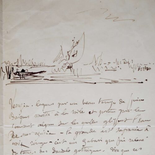 Jolie lettre de Félix Ziem illustrée d'un croquis de la lagune de Venise