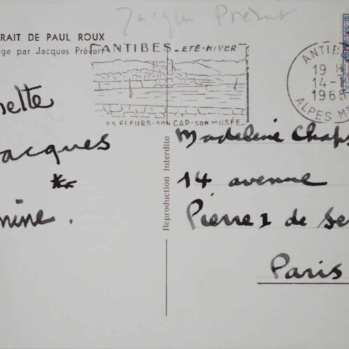 Carte postale de Jacques Prévert, derrière la reproduction d'un de ses collages – vue 2