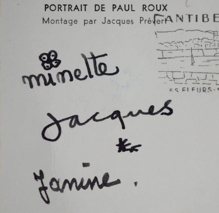 Carte postale de Jacques Prévert, derrière la reproduction d&rsquo;un de ses collages