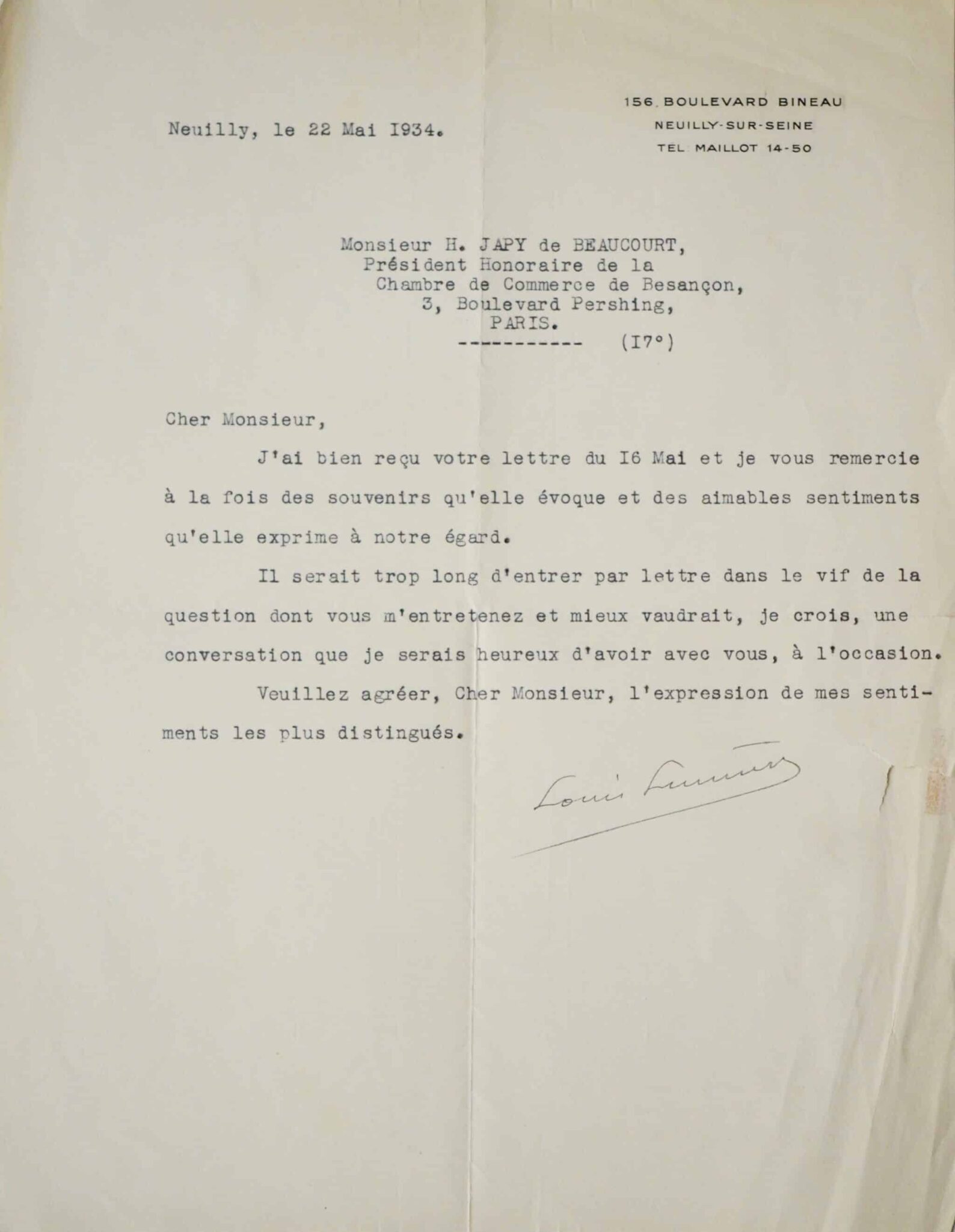 Lettre de Louis Lumière à Henri Japy de Beaumont – vue 2 Lettre de Louis Lumière à Henri Japy de Beaumont – vue 2