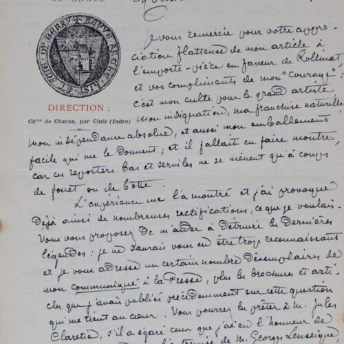 Belle lettre de Joseph Pierre au docteur Émile Joubert sur la mort de Rollinat – vue 2