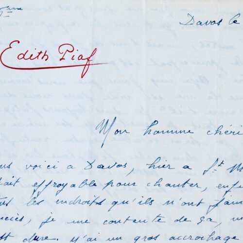 Très belle lettre d'Édith Piaf, en pleine tournée, adressée à Yves Montand