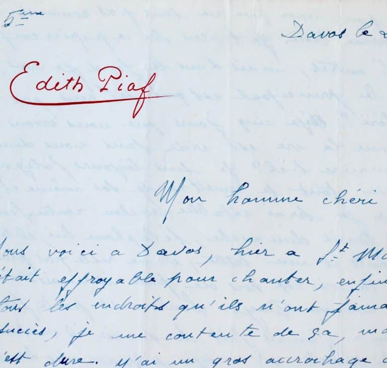 Très belle lettre d&rsquo;Édith Piaf, en pleine tournée, adressée à Yves Montand