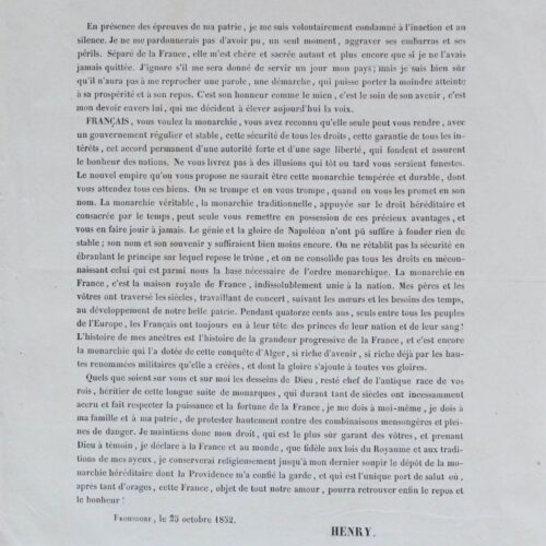 Manifeste du Comte de Chambord, 25 octobre 1852 – vue 2