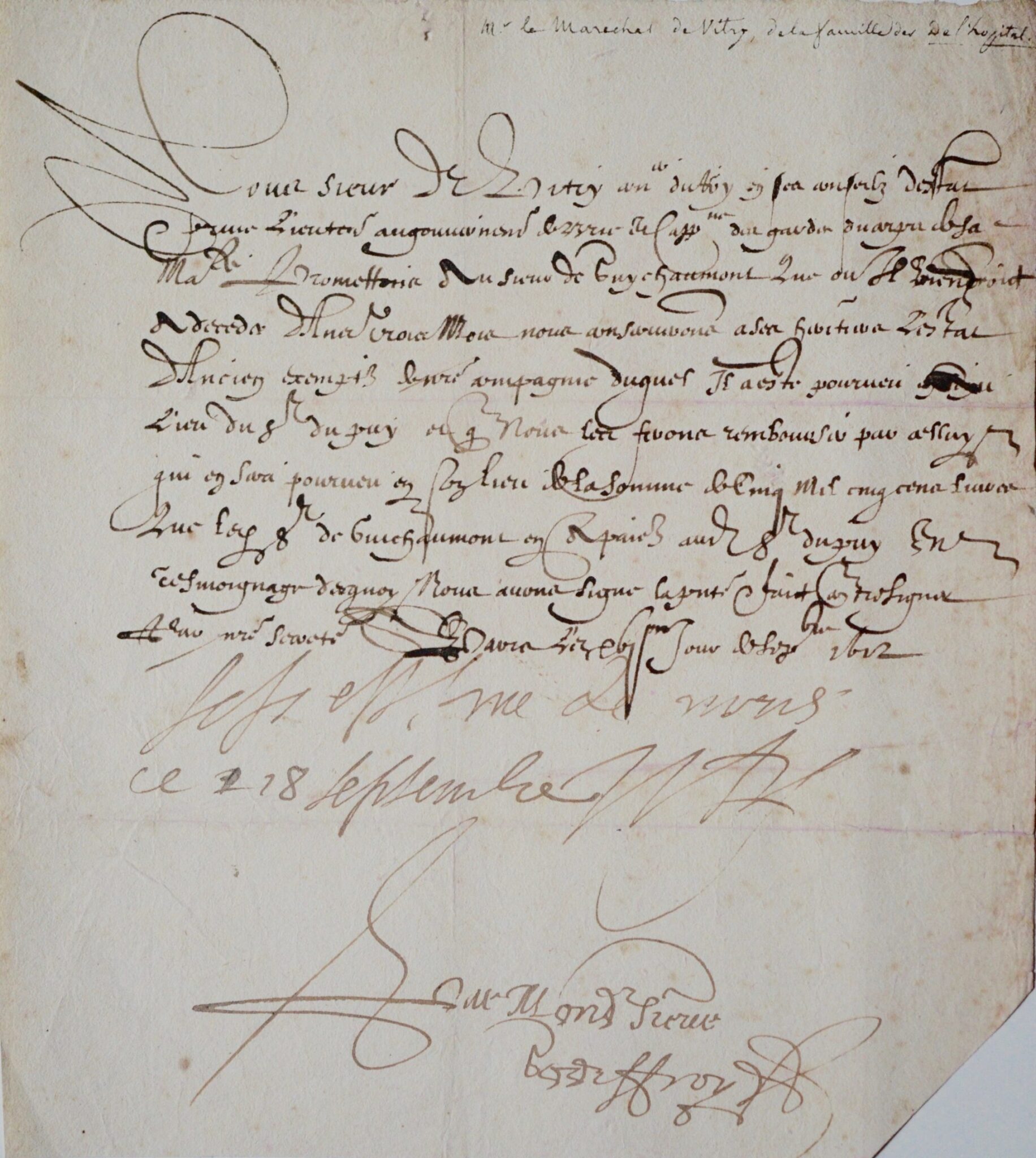 Pièce signée du duc de Vitry, Nicolas de l'Hospital – vue 2 Pièce signée du duc de Vitry, Nicolas de l'Hospital – vue 2