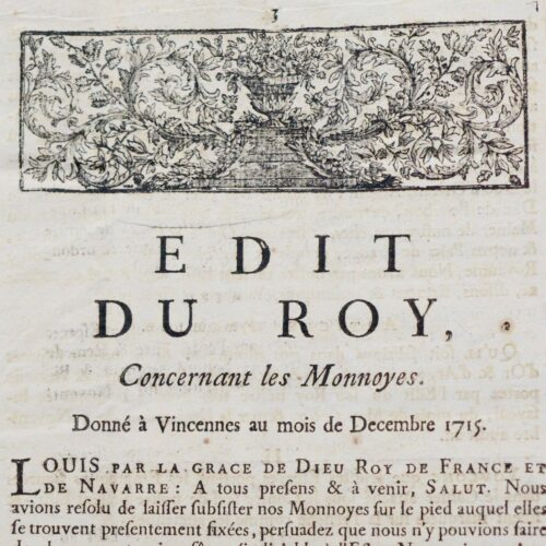 Imprimé "Edit du Roy concernant les Monnayes", 1715