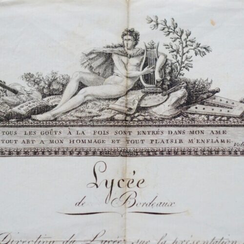 Rare diplôme du Lycée de Bordeaux de 1797 avec belle gravure en encadrement
