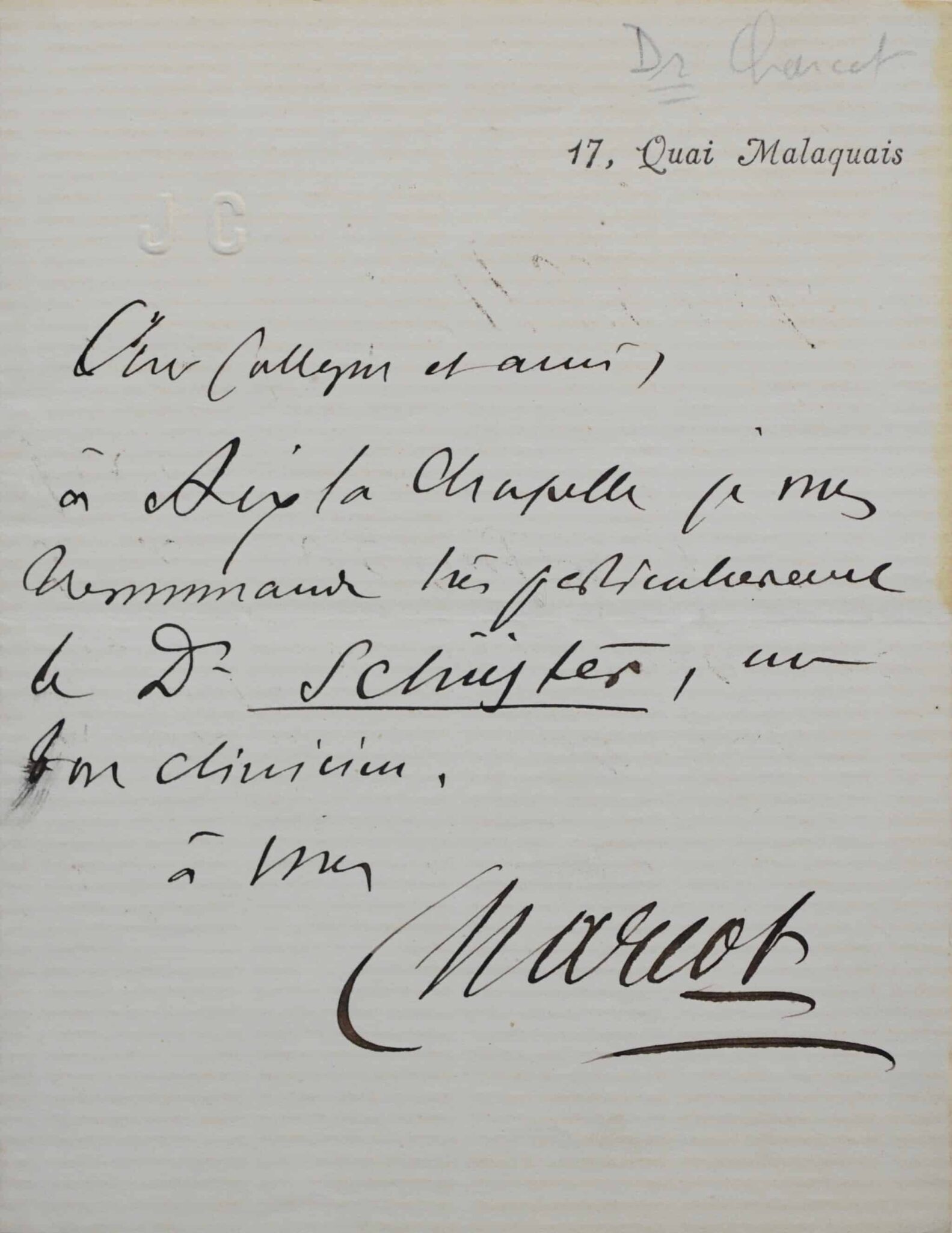 Jean-Martin Charcot recommande un clinicien à un confrère – vue 2 Jean-Martin Charcot recommande un clinicien à un confrère – vue 2