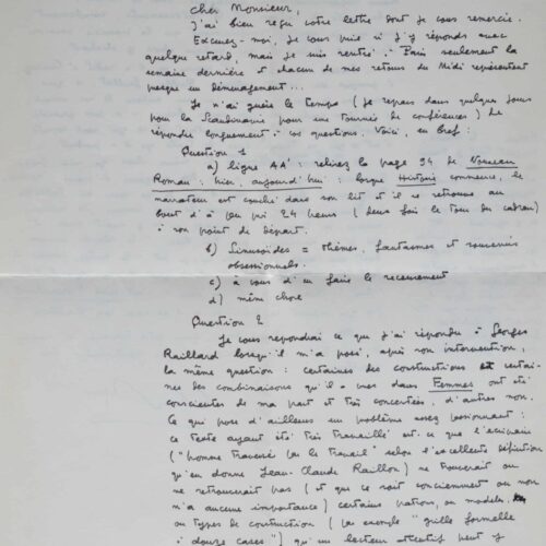 Belle lettre de travail de Claude Simon – vue 2
