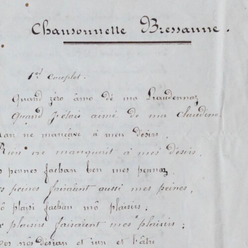 Manuscrit d’une « chansonnelle bressanne »