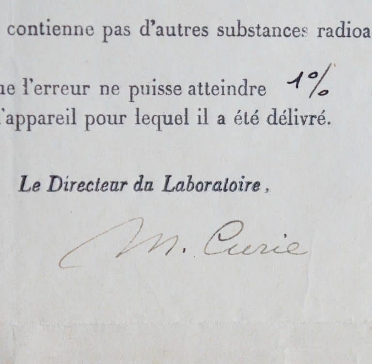 Certificat de dosage de radium signé par Marie Curie