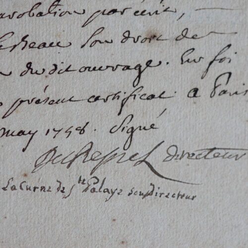 Certificat signé par Du Resnel et Sainte-Palaye