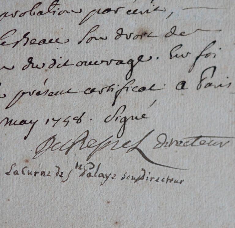 Certificat signé par Du Resnel et Sainte-Palaye