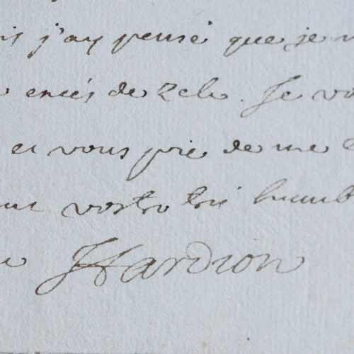 Très rare lettre de Jacques Hardion