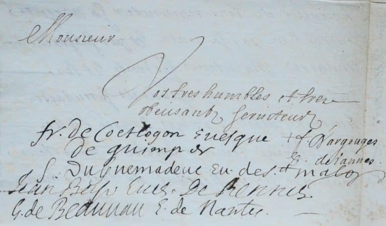 Rare document signé par les 8 évêques de Bretagne en 1699