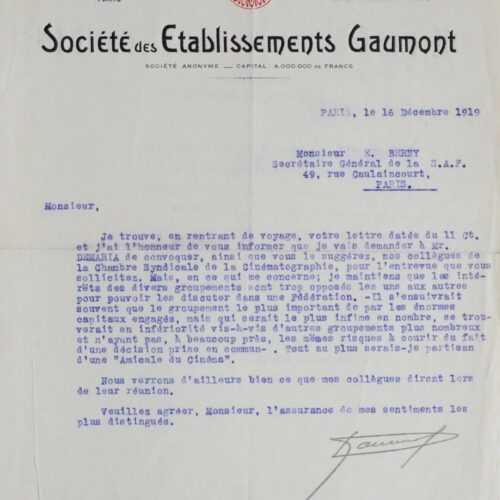 Léon Gaumont et la Chambre syndicale de la Cinématographie – vue 2