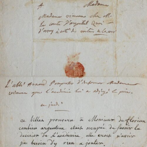 Billet de l'abbé François Arnaud à Mme de Vimeux – vue 2