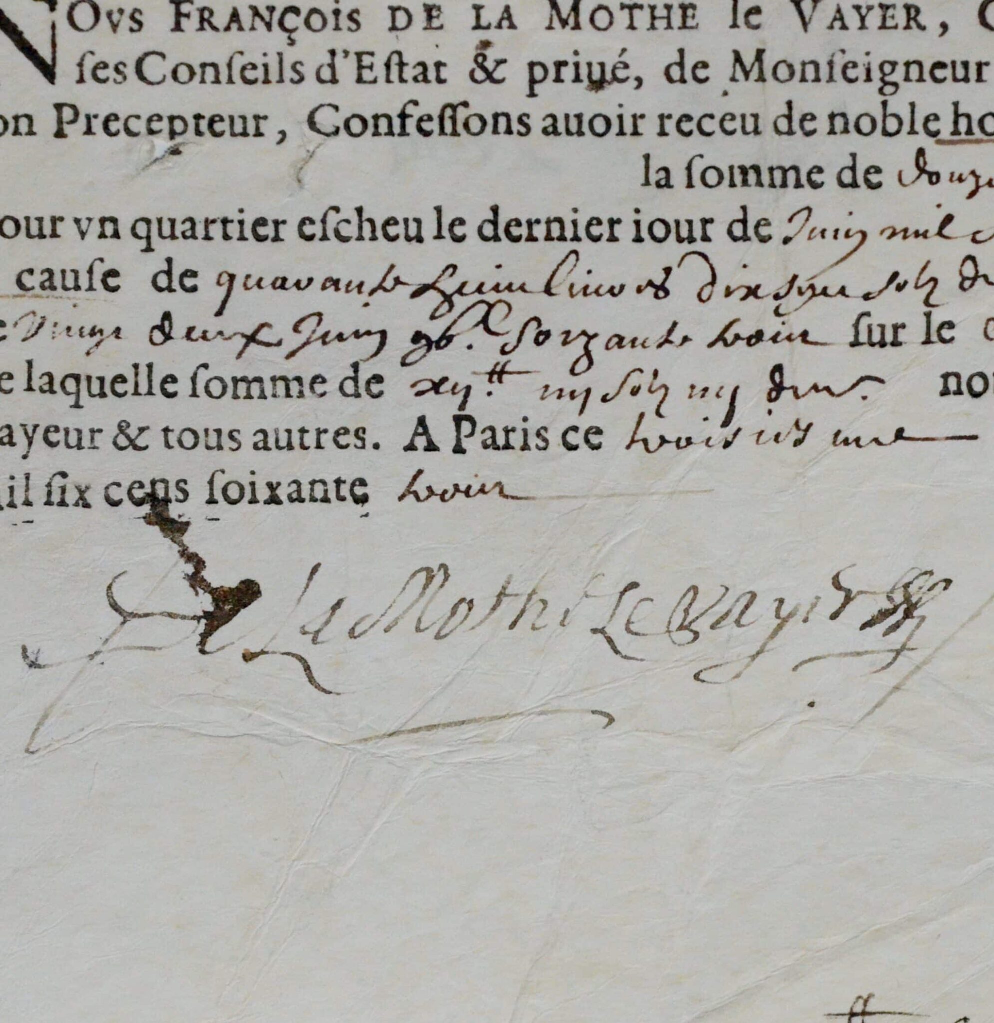 L’une des 3 signatures connues de l’académicien François de La Mothe Le Vayer