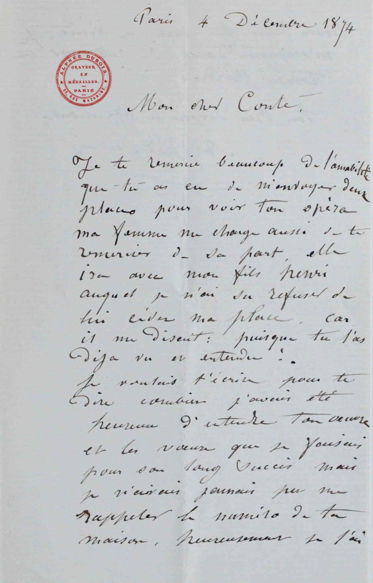 Lettre d'Alphée Dubois, médailleur et dessinateur de timbres – vue 2 Lettre d'Alphée Dubois, médailleur et dessinateur de timbres – vue 2