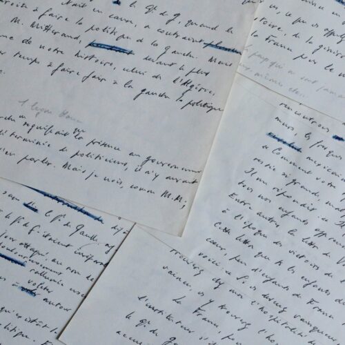 Brouillon d'un discours de Malraux sur Mitterrand et De Gaulle