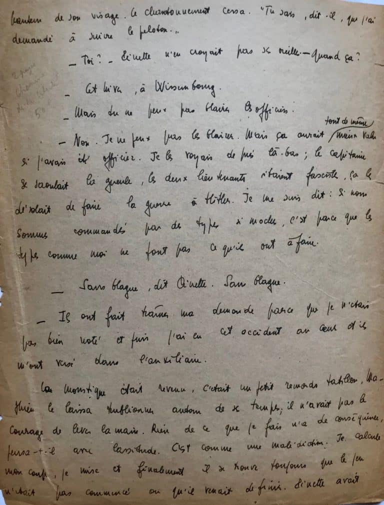 Fragment du manuscrit des Chemins de la liberté de Sartre