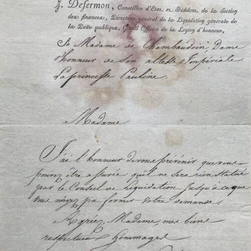 Lettre de Jacques Defermon à Mme de Chambaudoin, favorite de Pauline Bonaparte – vue 2