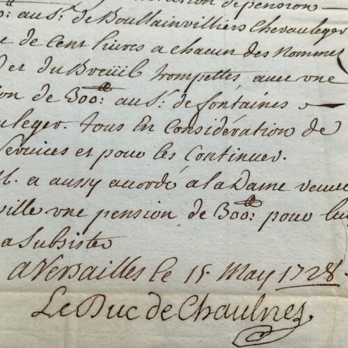Chaulnes accorde des pensions aux chevau-légers de la garde du Roi