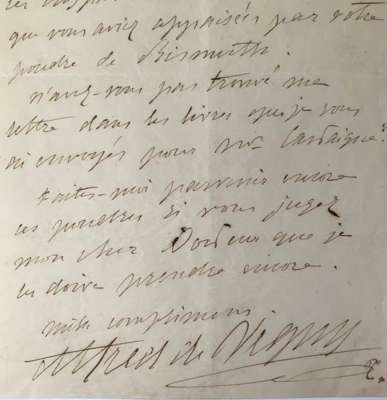 Alfred de Vigny réclame de la poudre de bismuth à son médecin